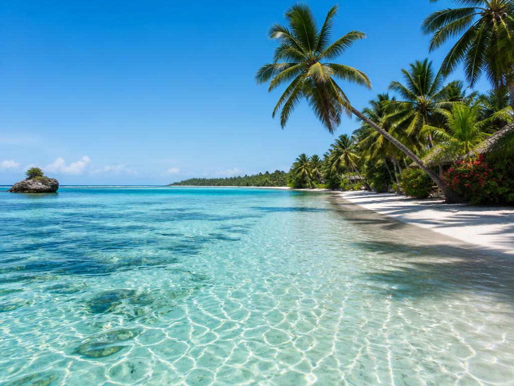 Turquoise Diani beach lagoon with palm trees and clear morning light